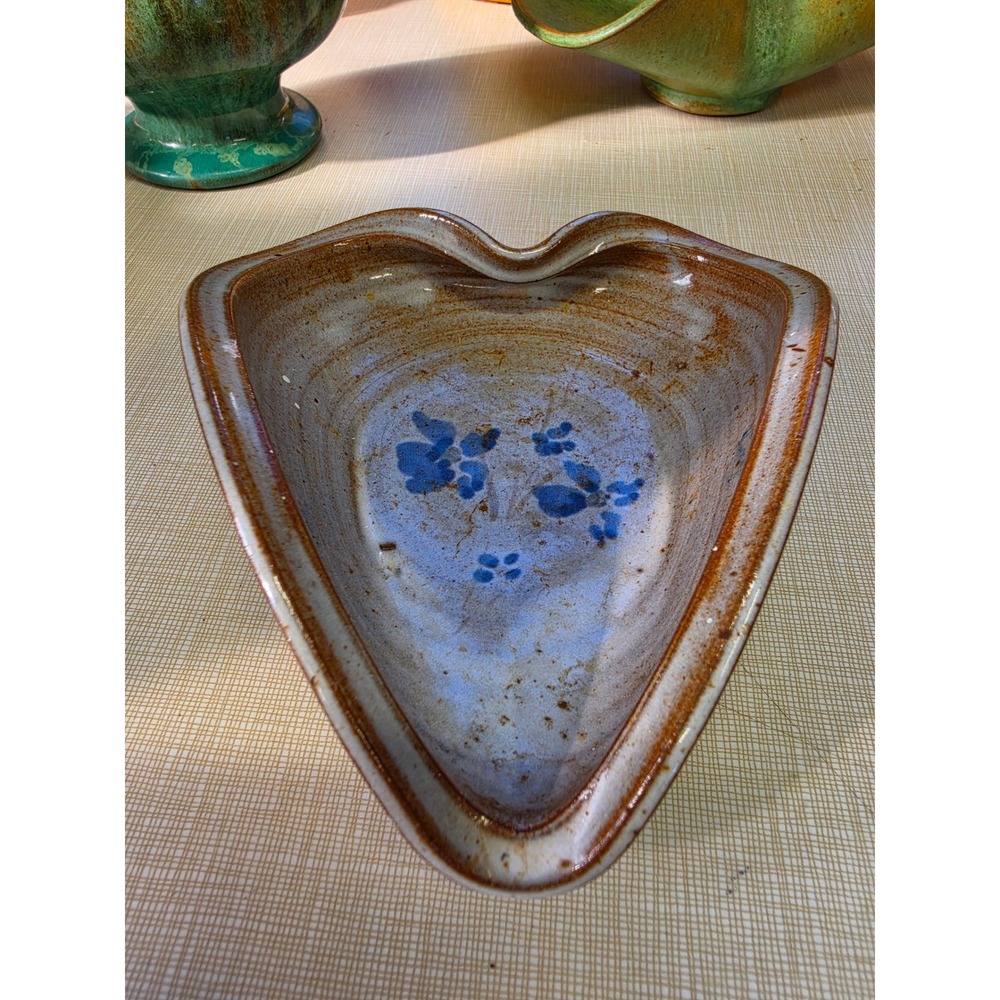 Vintage Studio Pottery Heart Shaped Trinket Dish Blue Floral Stoneware Bowl